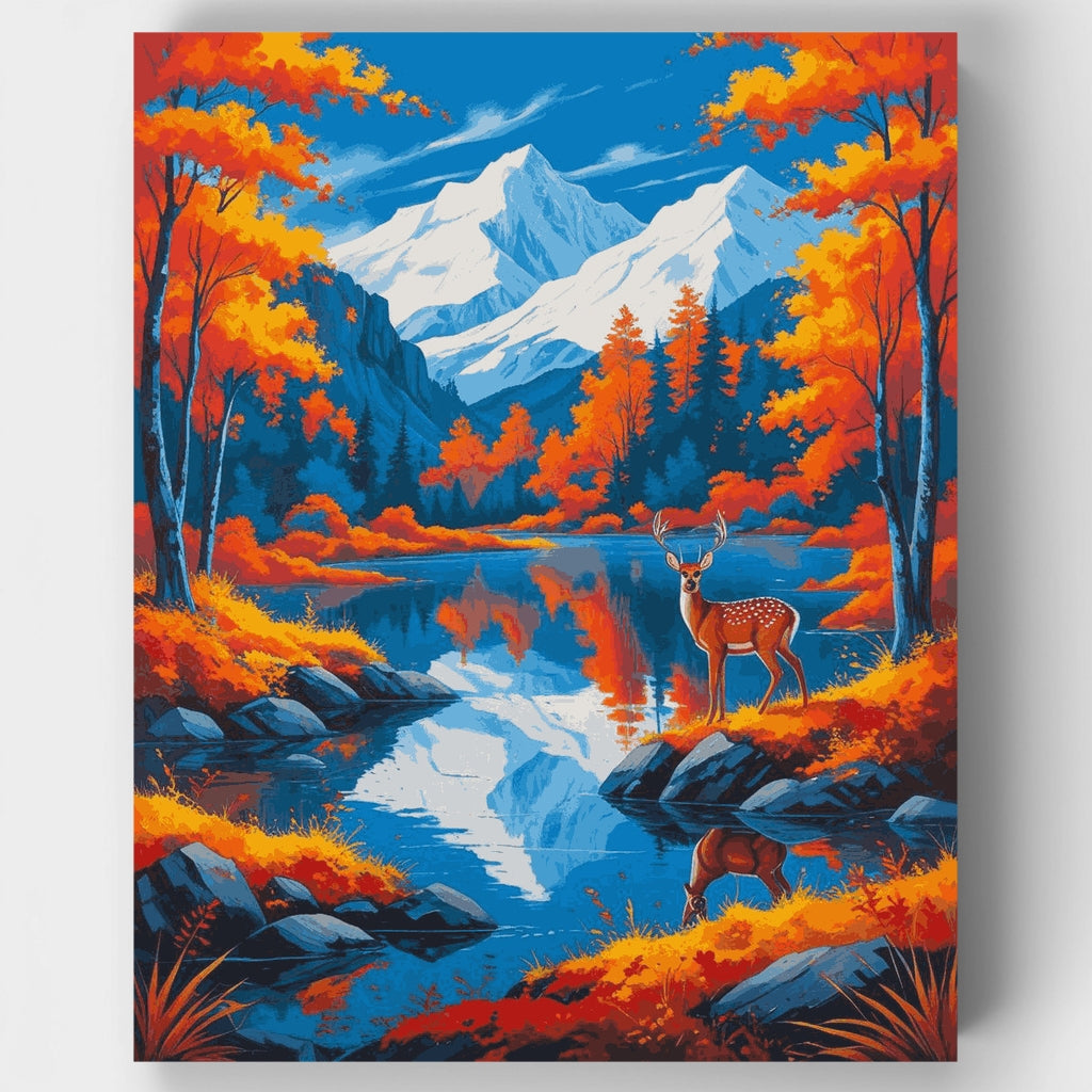 Kit de pintura por números: Lago de montaña en otoño con ciervos — Estándar