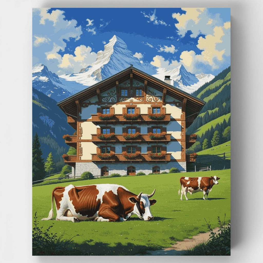 Chalet alpino con vacas pastando - Kit de pintura por números — Estándar