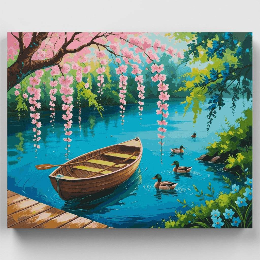 Lago de primavera con flores de cerezo - Kit de pintura por números — Estándar