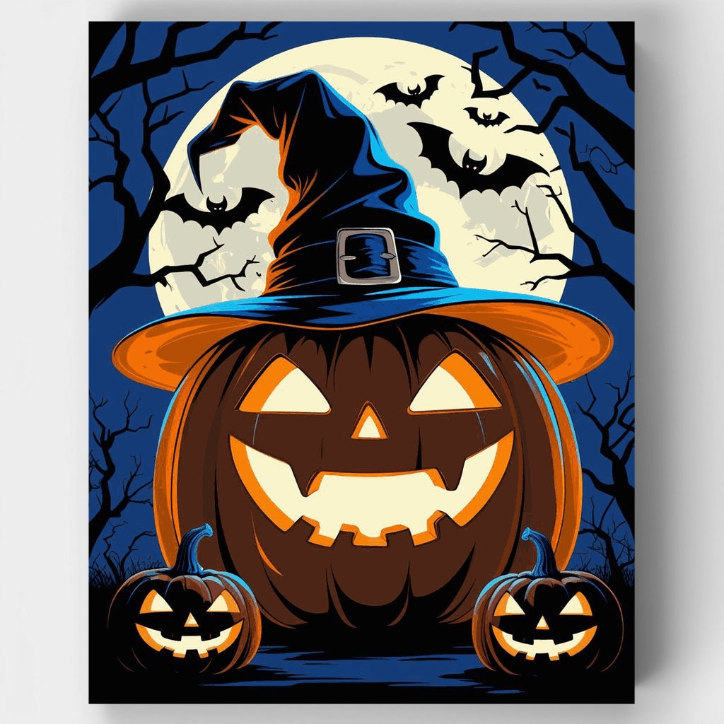 Halloween Jack-o'-Lantern with Witch Hat - Paint by Numbers Kit