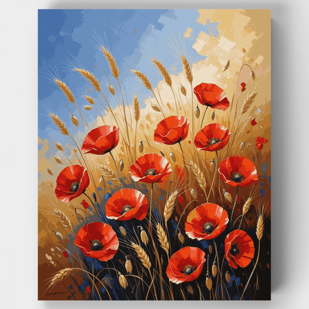 Amapolas rojas en campo de trigo dorado - Kit de pintura por números — Estándar