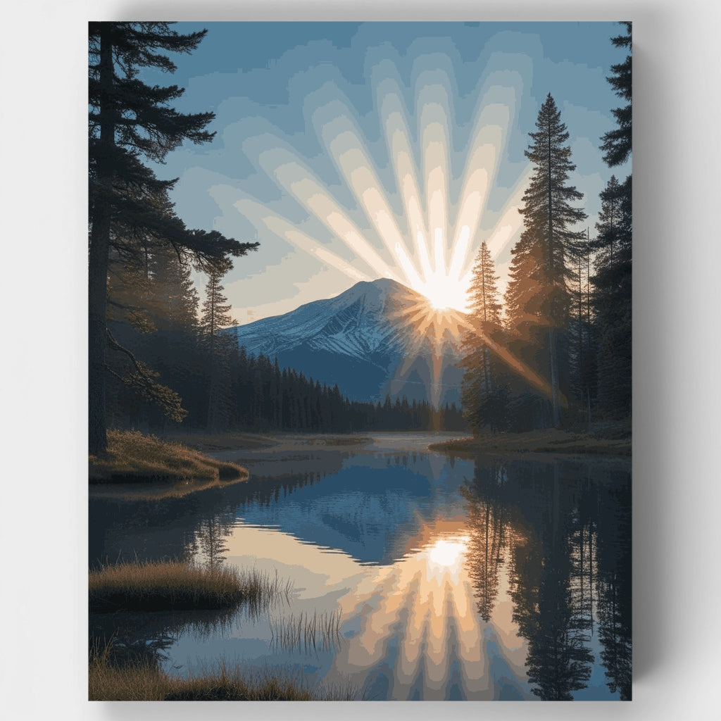 Kit de pintura por números - Amanecer en la montaña con reflejo en el lago — Estándar