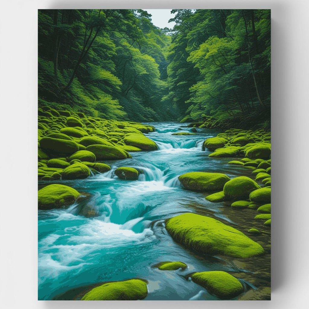 Moss-Covered Stream in Lush Forest Gorge - Paint by Numbers Kit