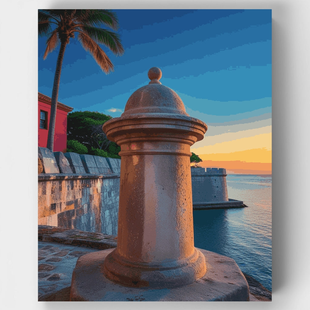 Torre de vigilancia de fortaleza histórica al atardecer - Kit de pintura por números — Estándar