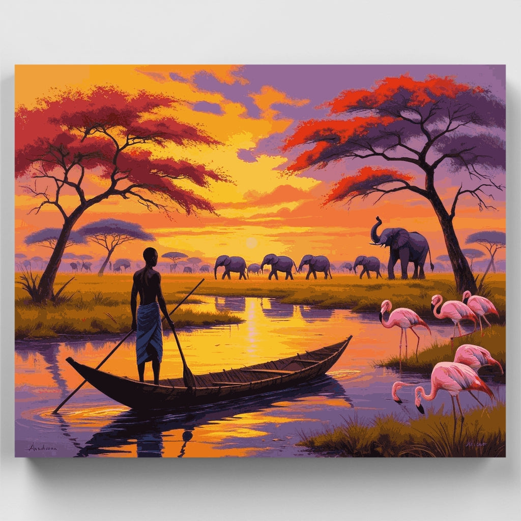 Atardecer en un río africano con elefantes y flamencos - Kit de pintura por números — Estándar