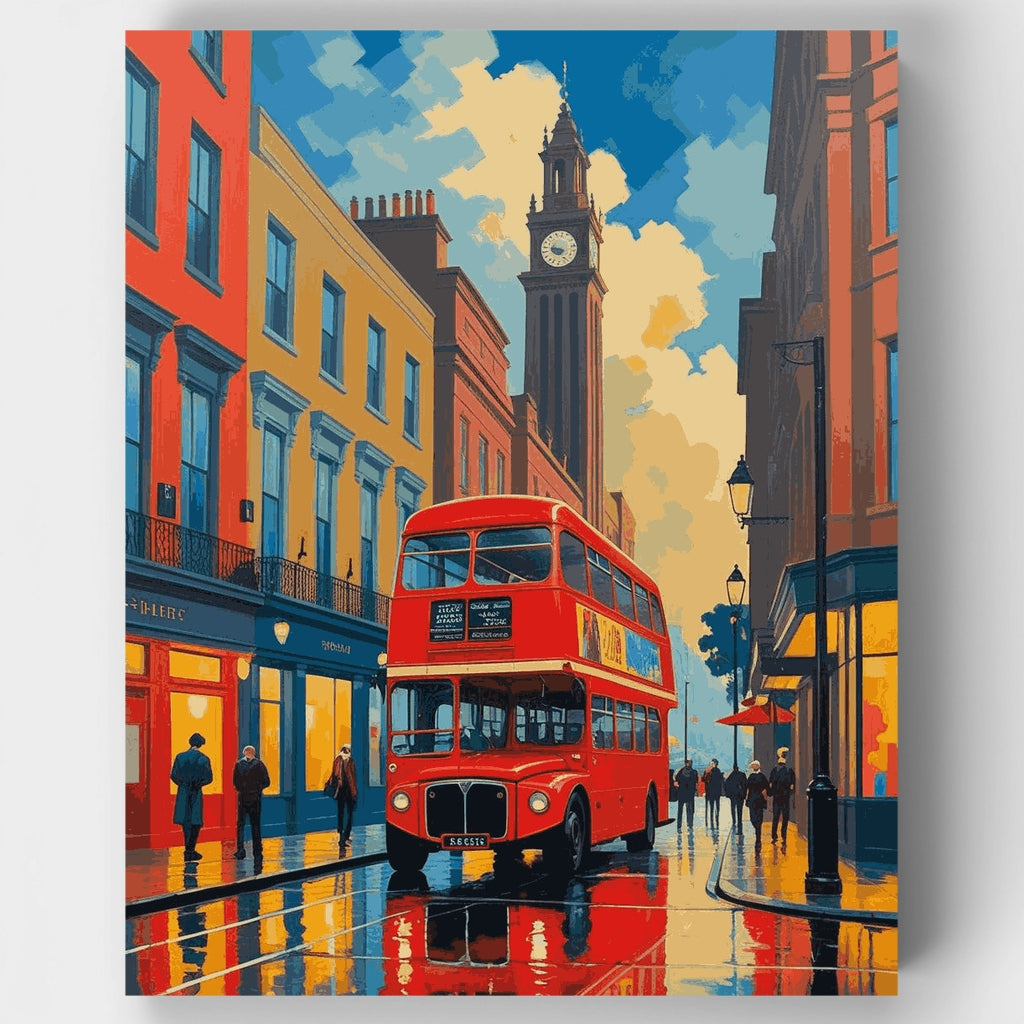 London Street with Red Double-Decker Bus - Paint by Numbers Kit