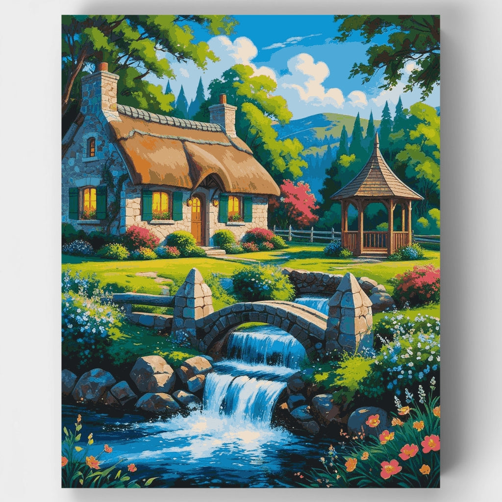 Kit de pintura por números: Paraíso de cabaña idílica junto al arroyo — Estándar