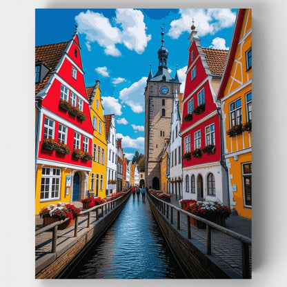 Colorful European Canal Town with Clouds - Paint by Numbers Kit