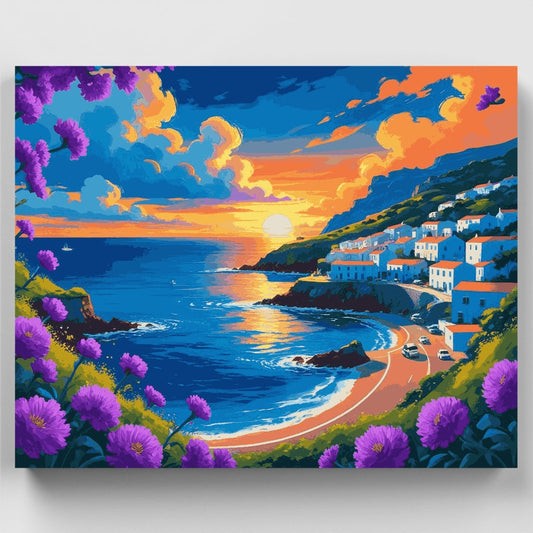Mediterranean Coastal Village Sunset - Paint by Numbers Kit