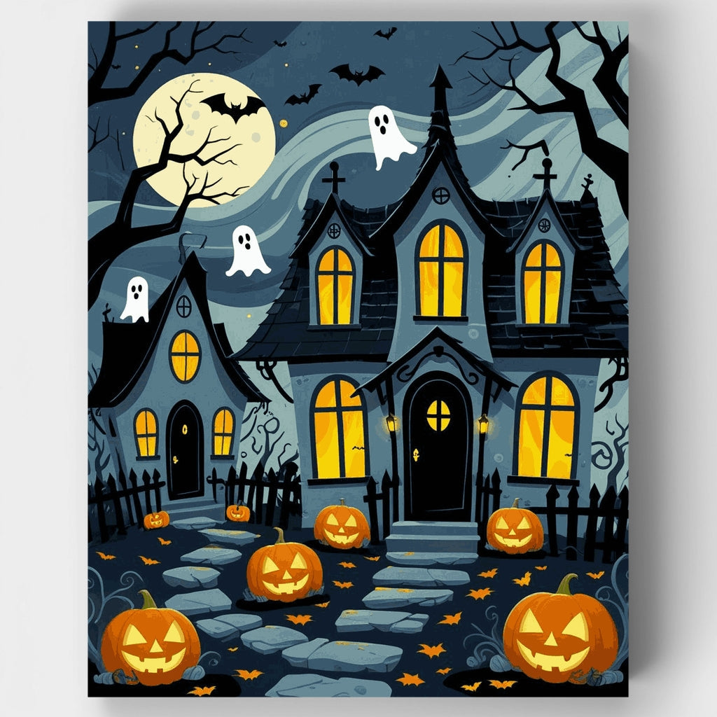 Kit de pintura por números: Escena de Halloween en mansión victoriana embrujada — Estándar