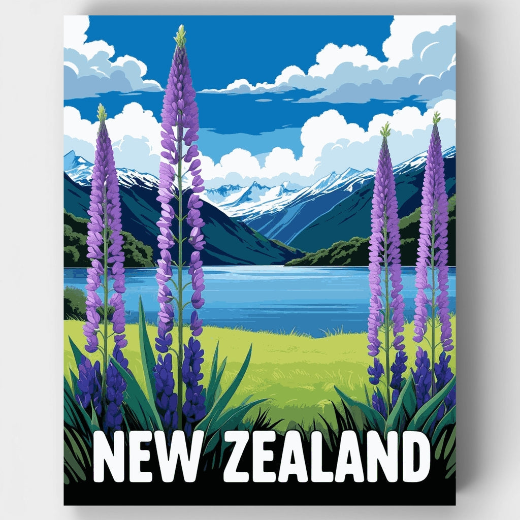 Kit de pintura por números - Paisaje de lupinos de Nueva Zelanda — Estándar