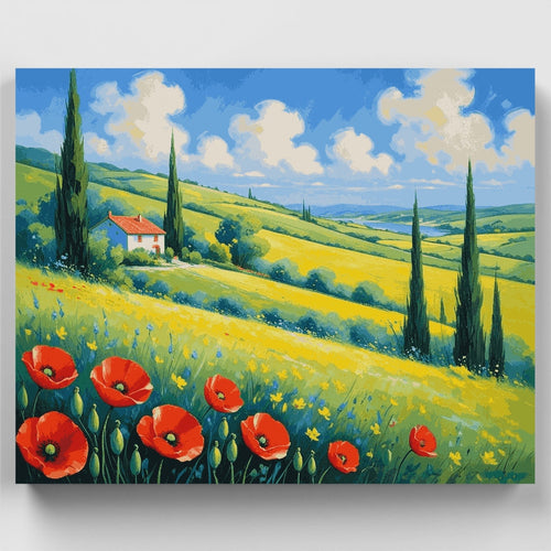 Tuscan Countryside with Red Poppies - Paint by Numbers Kit