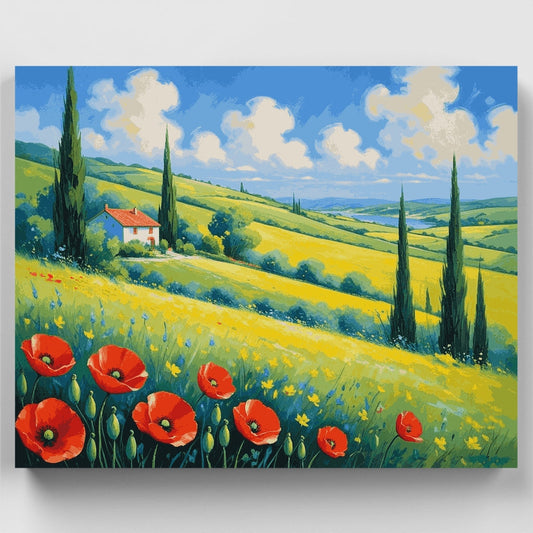 Tuscan Countryside with Red Poppies - Paint by Numbers Kit