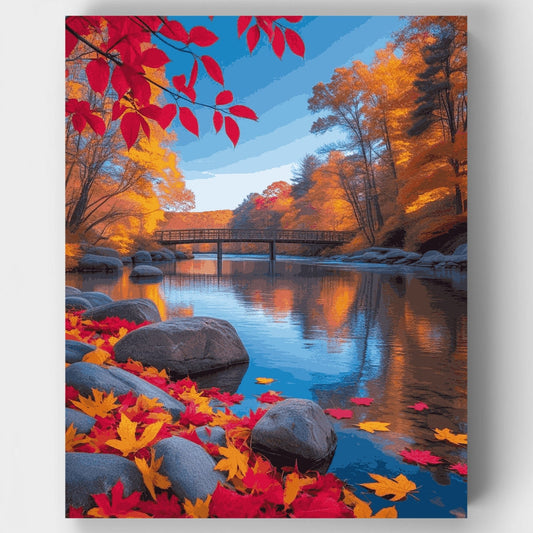 Autumn River Bridge Reflection - Paint by Numbers Kit