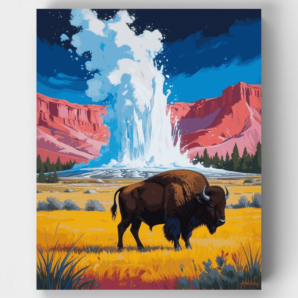 Bisonte en el géiser Old Faithful - Kit de pintura por números — Estándar