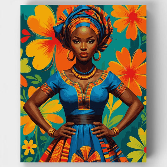 African Woman in Traditional Dress with Vibrant Flowers - Paint by Numbers Kit