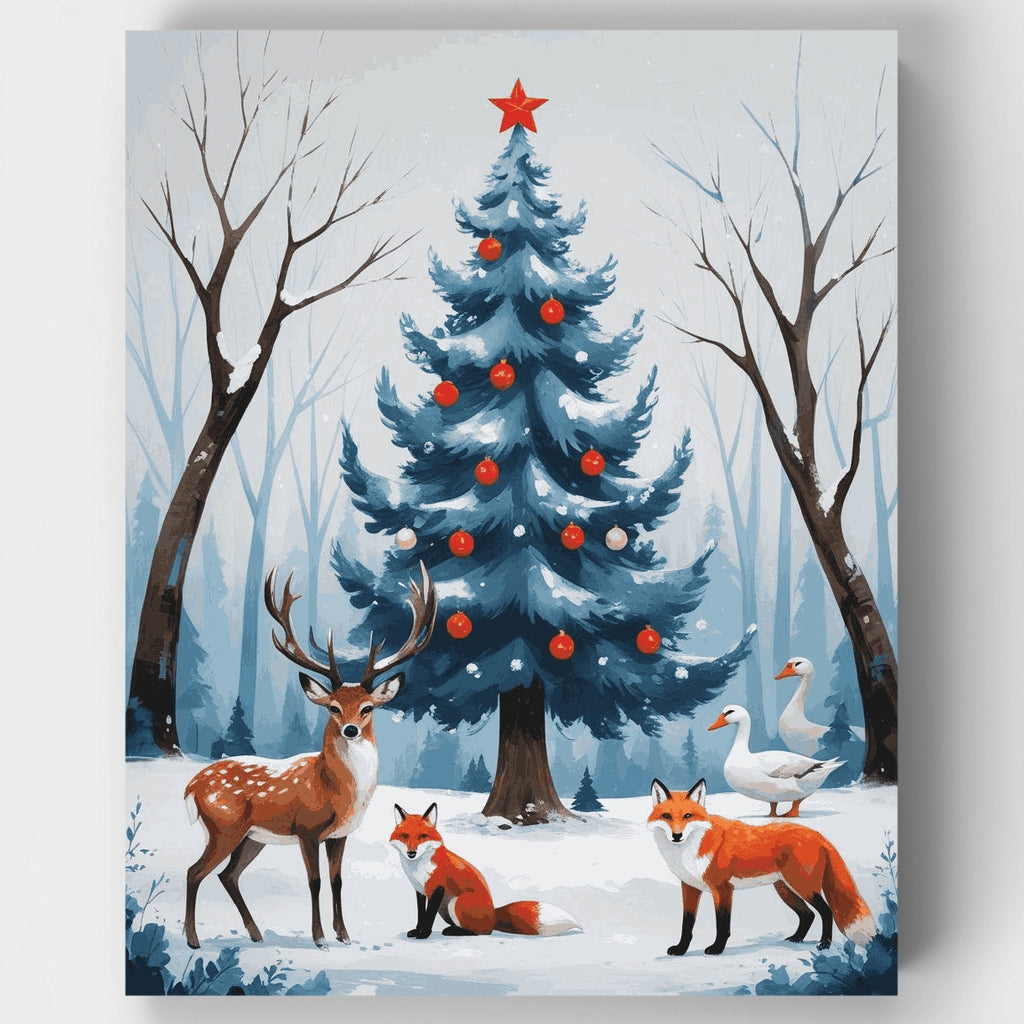Kit de pintura por números: Árbol de Navidad en bosque invernal con fauna silvestre — Estándar