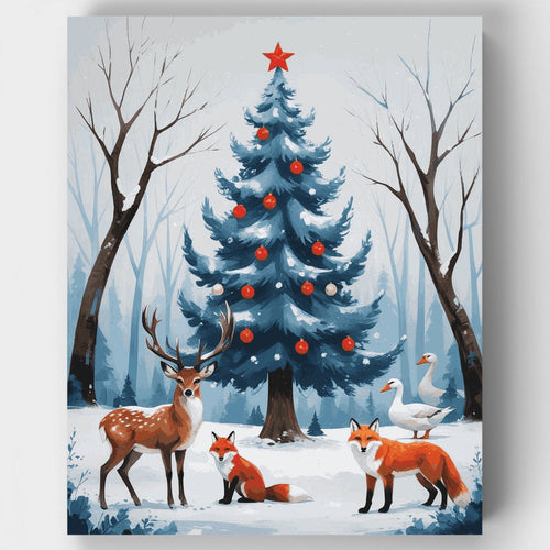 Winter Forest Christmas Tree with Wildlife - Paint by Numbers Kit