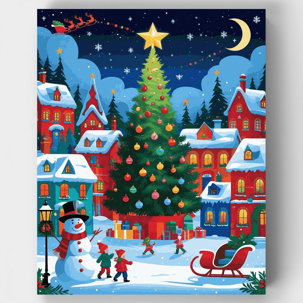 Pueblo navideño con árbol - Kit de pintura por números — Estándar