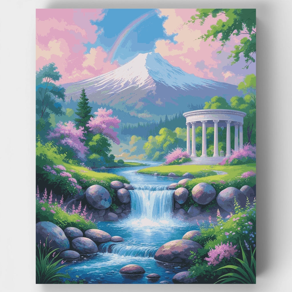 Tranquil Mountain Waterfall with Classical Pavilion - Paint by Numbers Kit