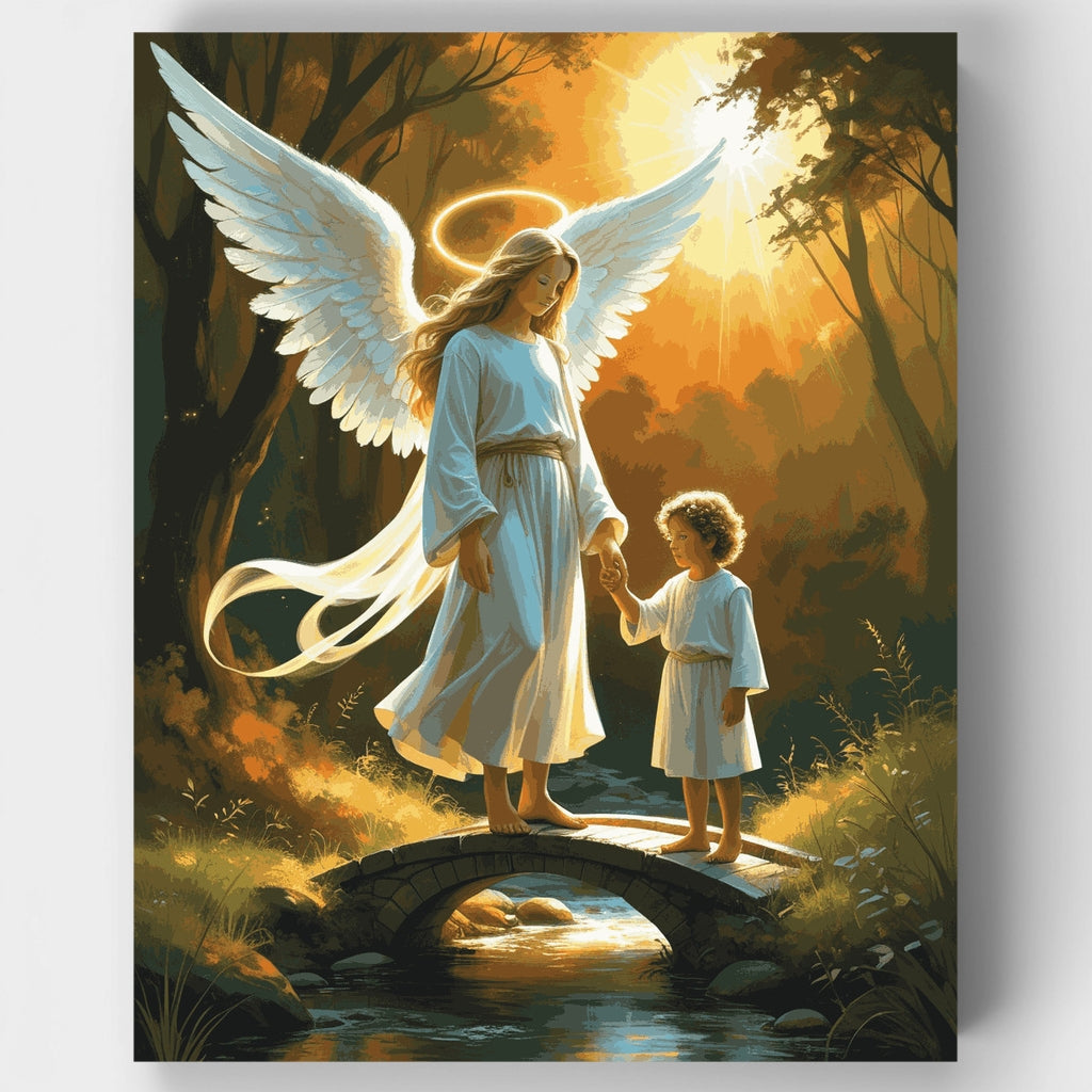 Ángel guiando a un niño a través de un puente - Kit de pintura por números — Estándar