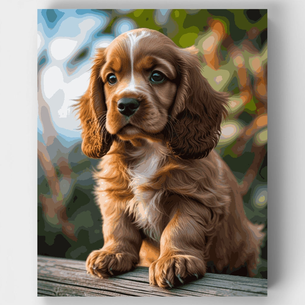 Cachorro de Cocker Spaniel encantador en una terraza de madera - Kit de pintura por números — Estándar