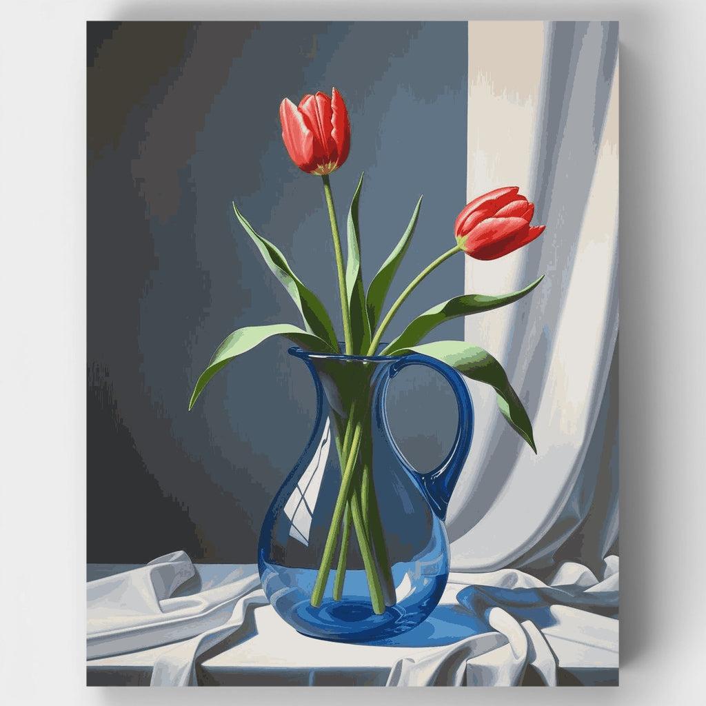 Red Tulips in Blue Vase - Paint by Numbers Kit
