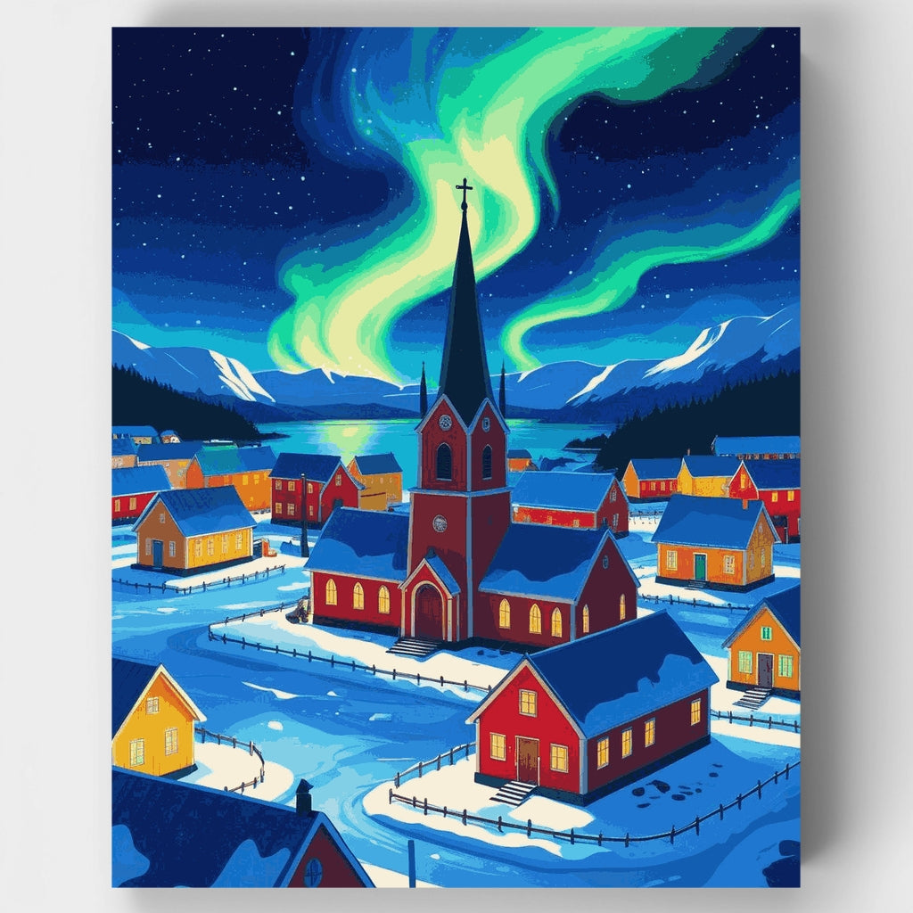 Iglesia de la Aldea de la Aurora Boreal - Kit de Pintura por Números — Estándar