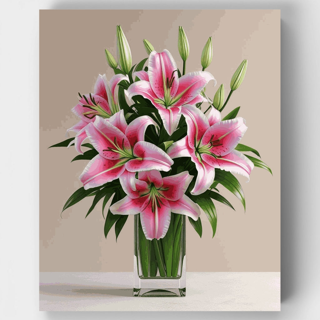 Lirios Stargazer rosados en florero de cristal - Kit de pintura por números — Estándar