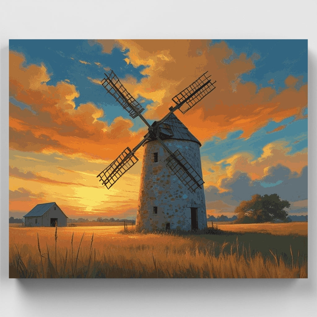 Kit de pintura por números - Molino al atardecer dorado — Estándar