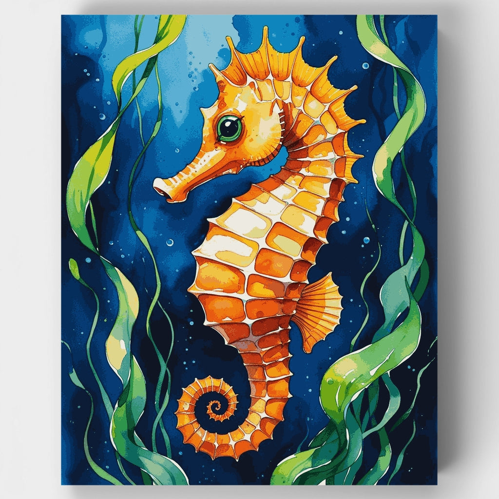 Kit de pintura por números: Escena submarina de caballito de mar vibrante — Estándar