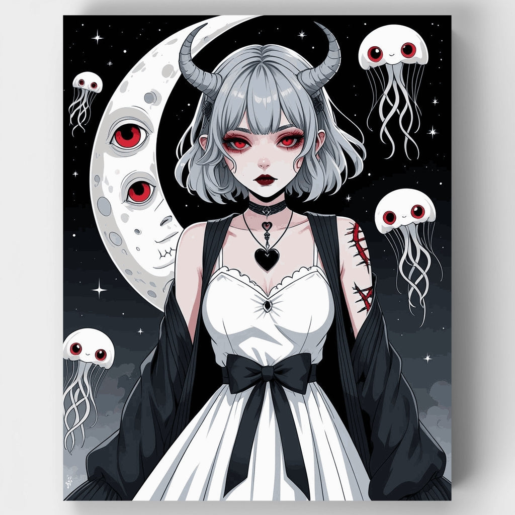 Kit de pintura por números: chica anime gótica con luna y medusas — Estándar