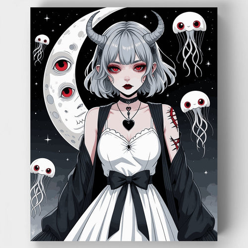 Gothic Anime Girl with Moon and Jellyfish - Paint by Numbers Kit