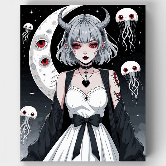 Gothic Anime Girl with Moon and Jellyfish - Paint by Numbers Kit