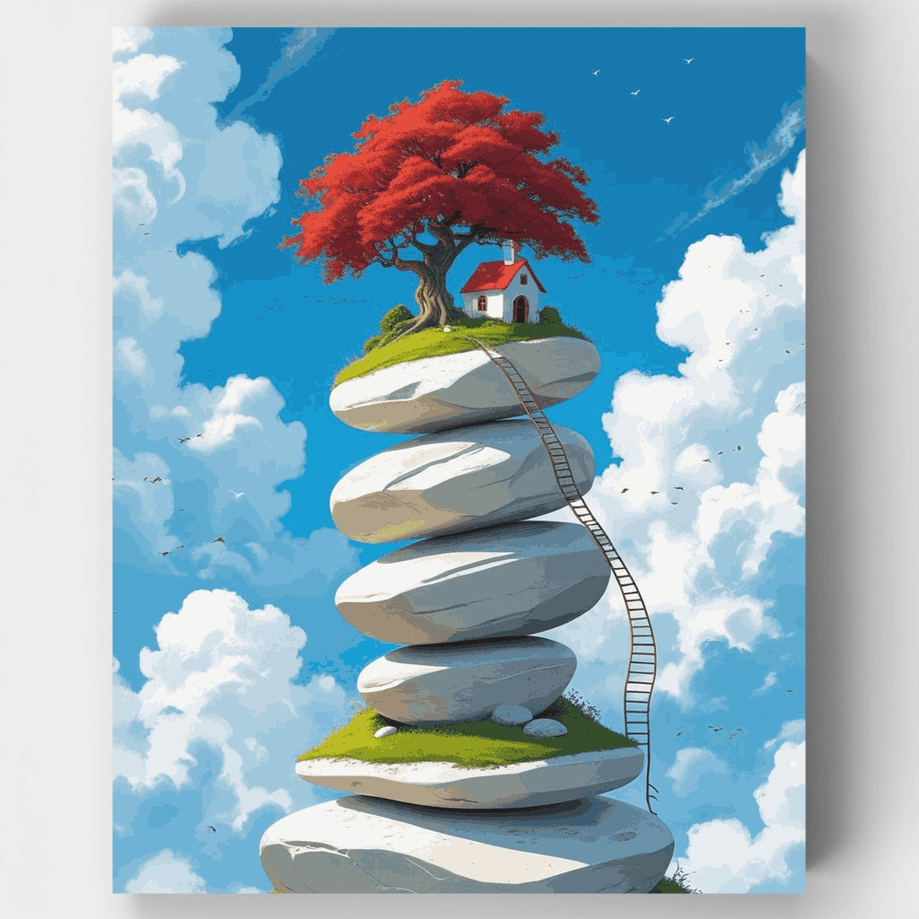 Floating Stone Islands with Red Tree House - Paint by Numbers Kit