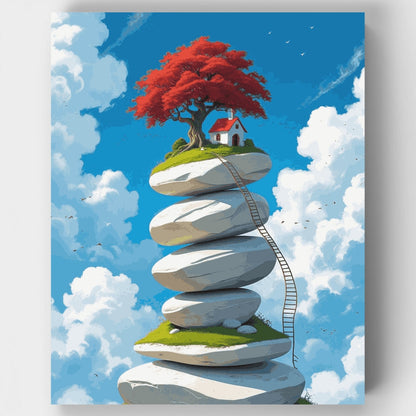 Floating Stone Islands with Red Tree House - Paint by Numbers Kit