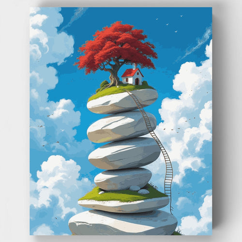 Floating Stone Islands with Red Tree House - Paint by Numbers Kit