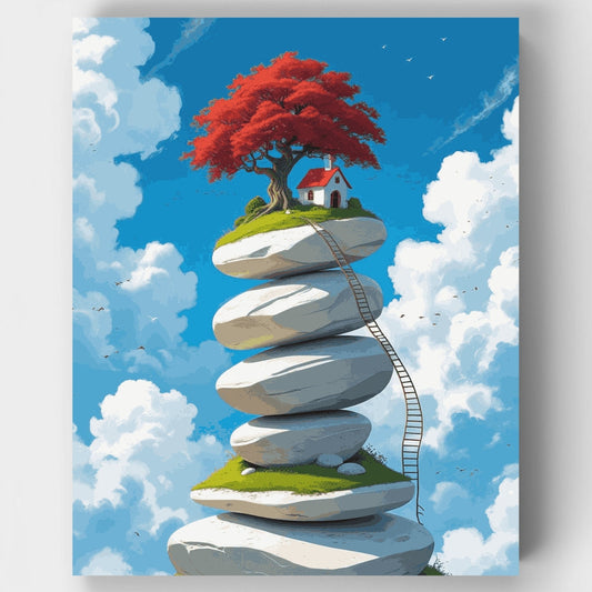 Floating Stone Islands with Red Tree House - Paint by Numbers Kit