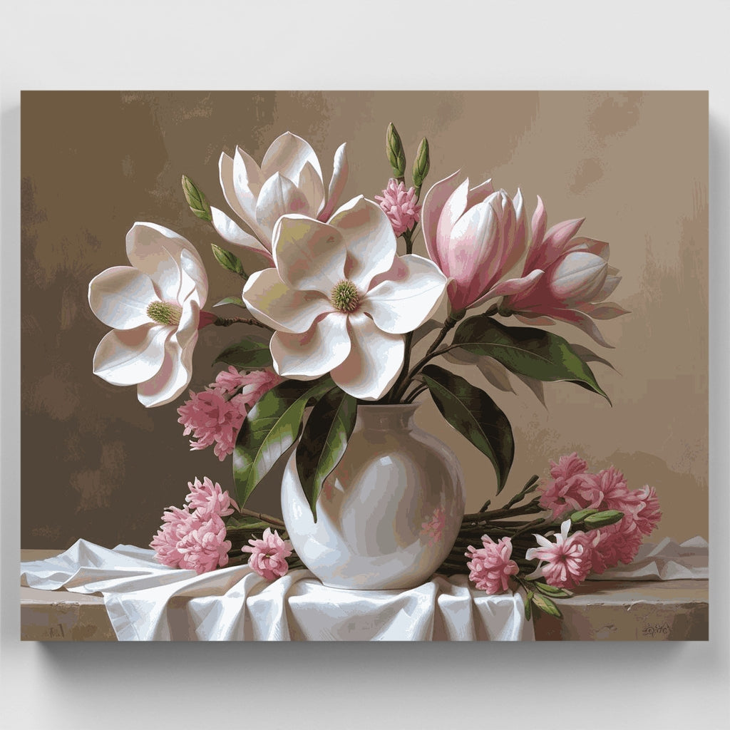 Elegant Magnolia and Pink Carnation Still Life - Paint by Numbers Kit