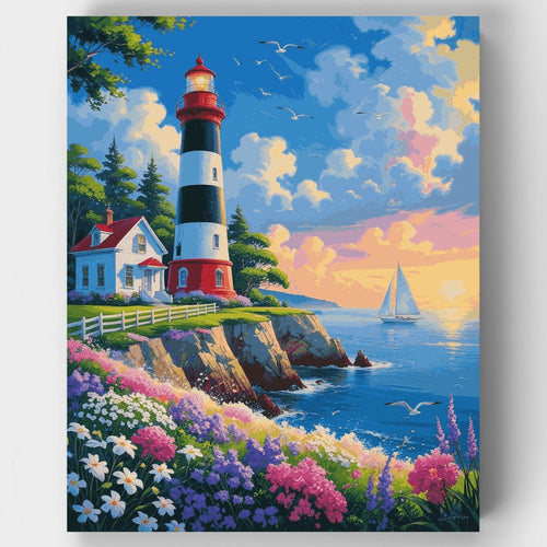 Coastal Lighthouse with Blooming Garden - Paint by Numbers Kit