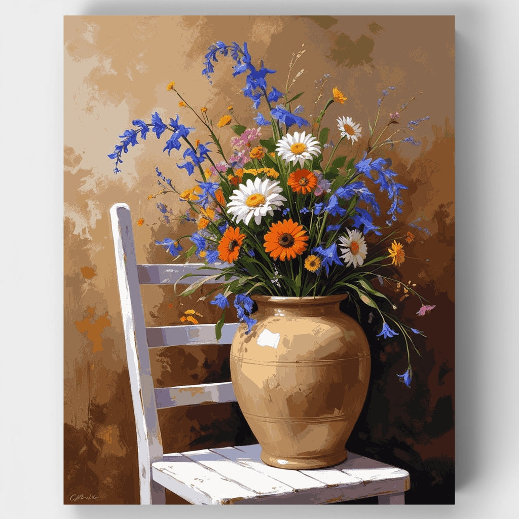 Ramo de flores silvestres en silla rústica - Kit de pintura por números — Estándar