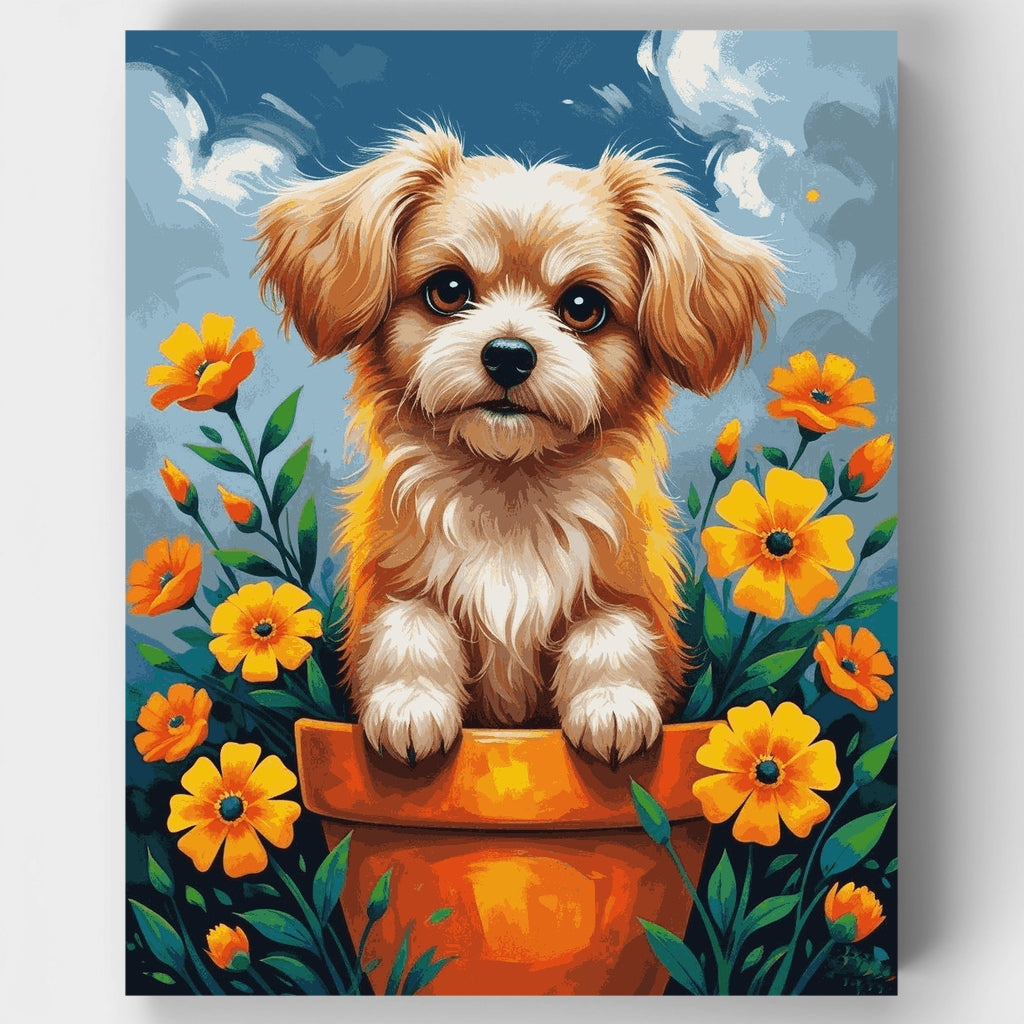 Adorable Yorkshire Terrier in Flower Pot - Paint by Numbers Kit