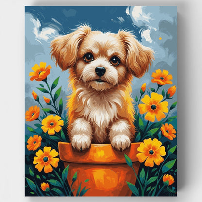 Adorable Yorkshire Terrier in Flower Pot - Paint by Numbers Kit