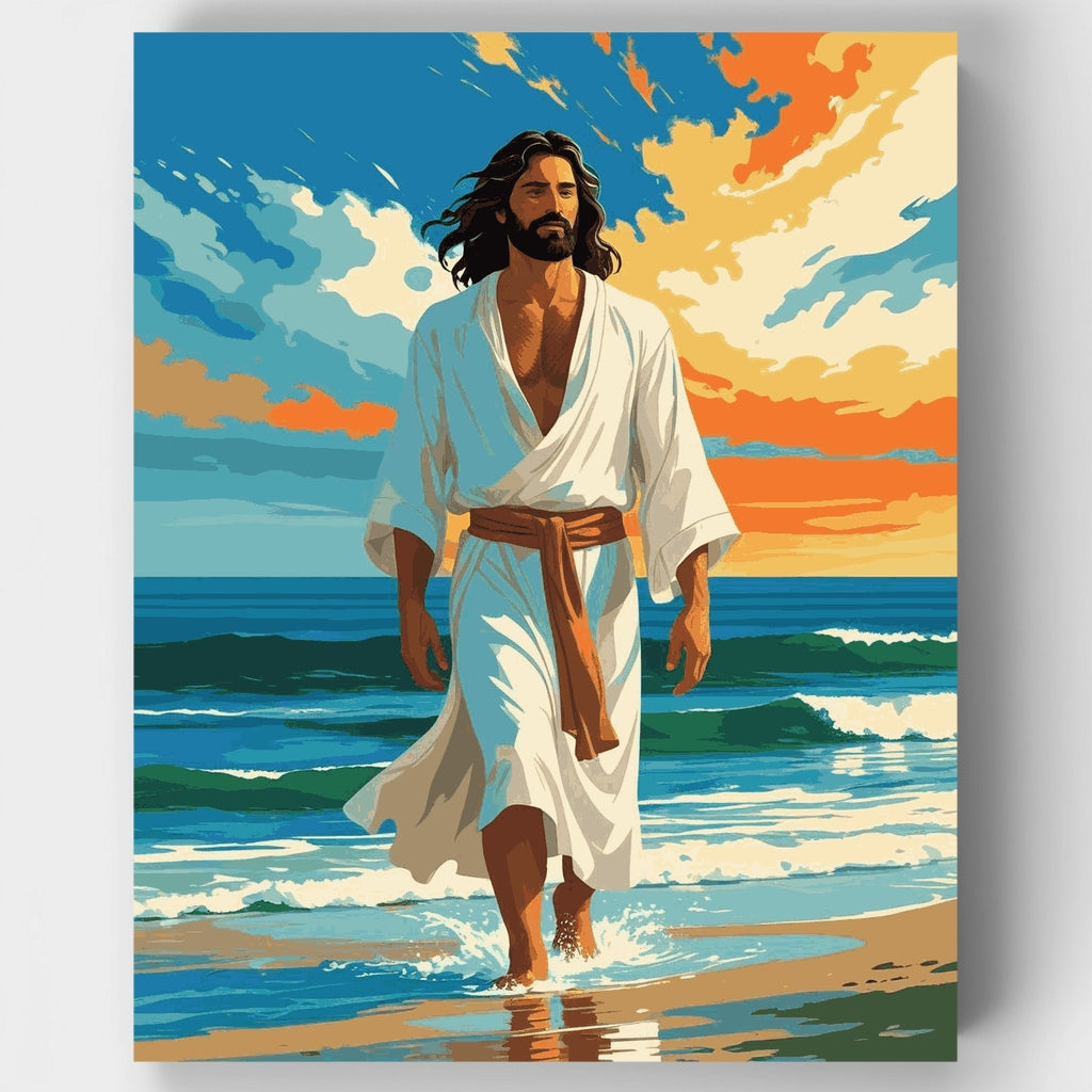 Jesús caminando en la playa al atardecer - Kit de pintura por números — Estándar
