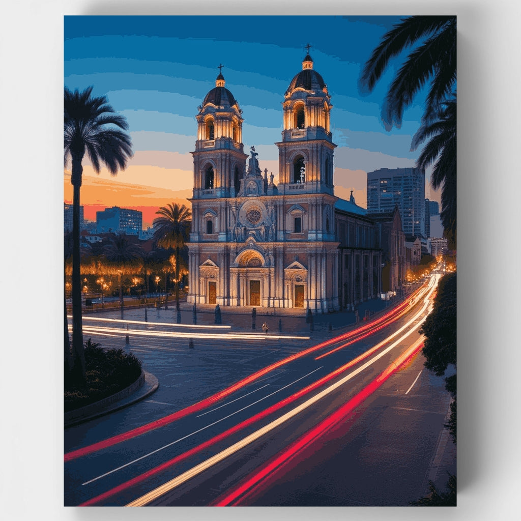 Catedral al atardecer con palmeras - Kit de pintura por números — Estándar