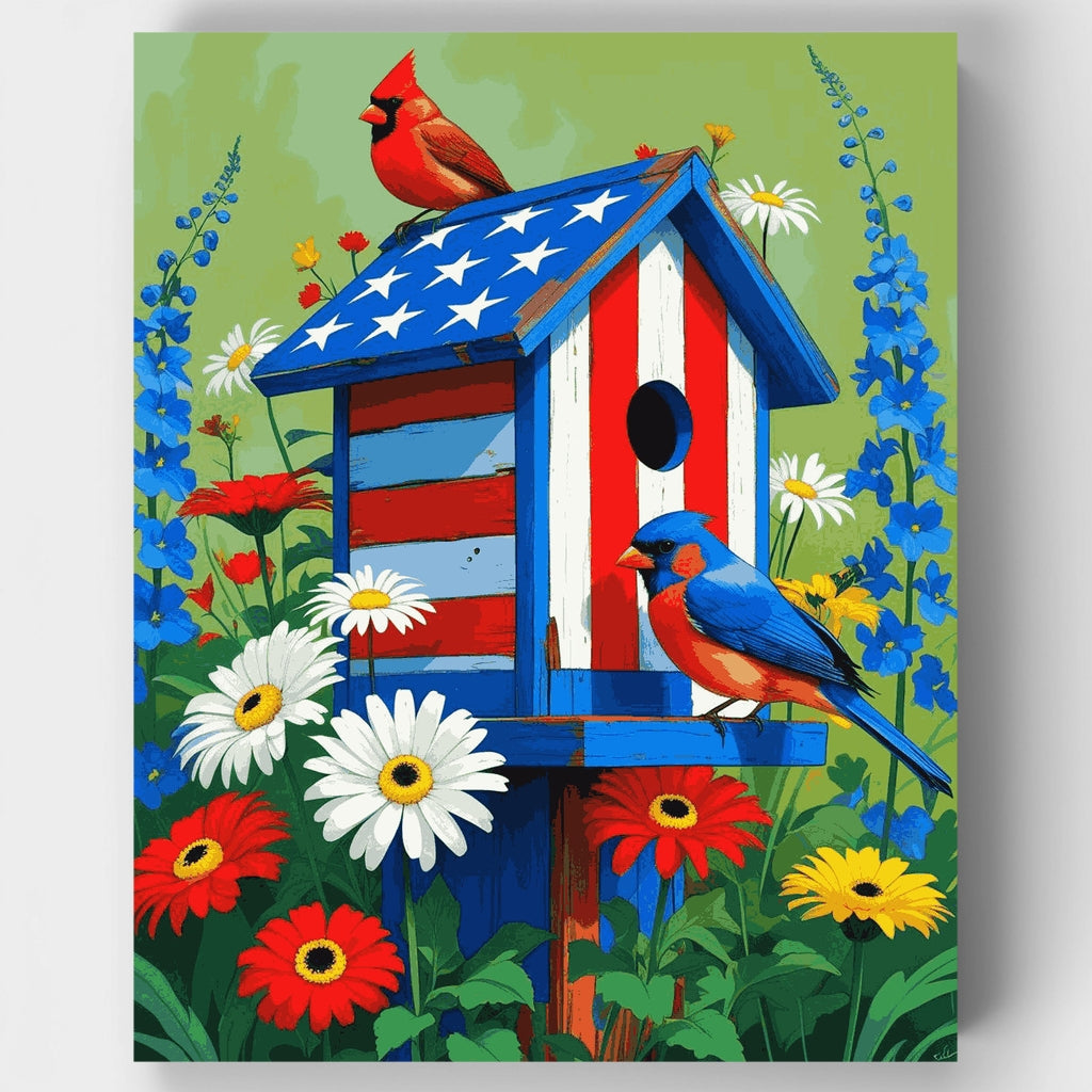 Casa de pájaros patriótica con cardenales - Kit de pintura por números — Estándar
