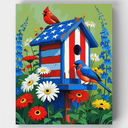 Patriotic Birdhouse with Cardinals - Paint by Numbers Kit