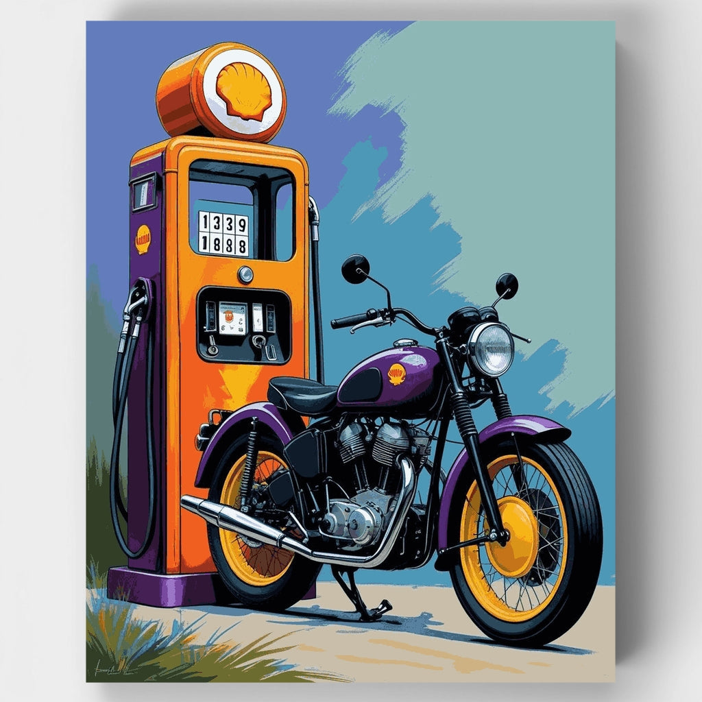 Vintage Motorcycle at Gas Station - Paint by Numbers Kit