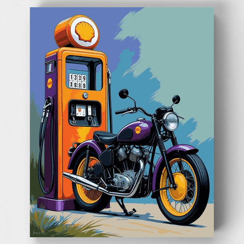 Vintage Motorcycle at Gas Station - Paint by Numbers Kit