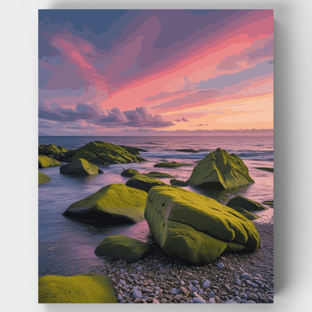 Rocas costeras cubiertas de musgo al atardecer - Kit de pintura por números — Estándar